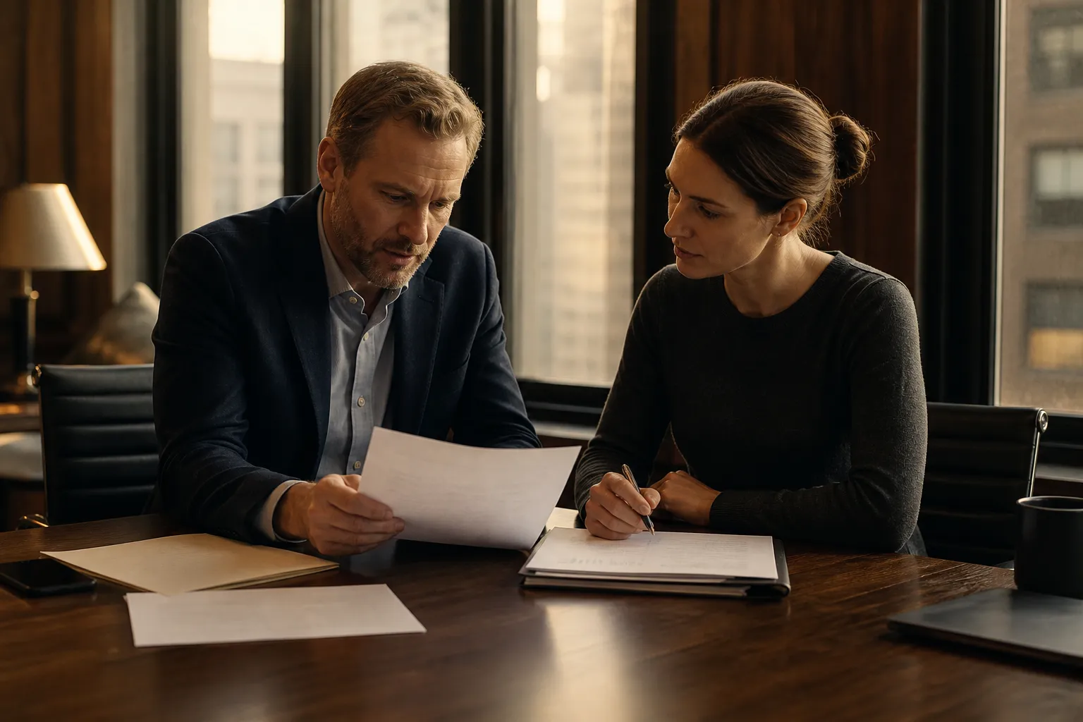 Two operators reviewing terms at a conference table — Partner path
