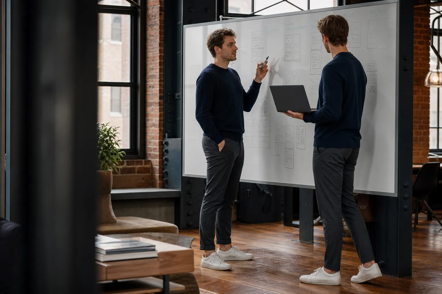 Founders at a whiteboard in a loft workspace — Launch path